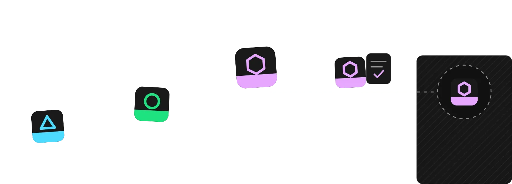 Five steps rising to a dotted line: a token launches, graduates past the line, is submitted, is reviewed, and the last step is Crypto.com's, hatched, with the token inside a dashed ring and no outcome drawn.